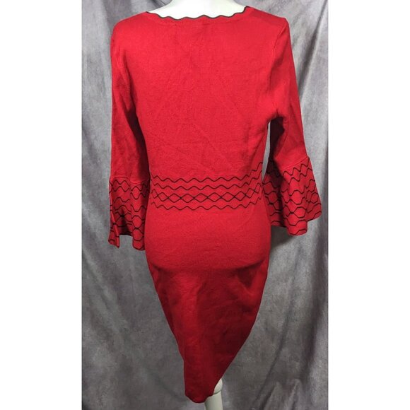 Nina Leonard Black And Red Jacquard Bell Sleeve Sweater Dress - Picture 7 of 7